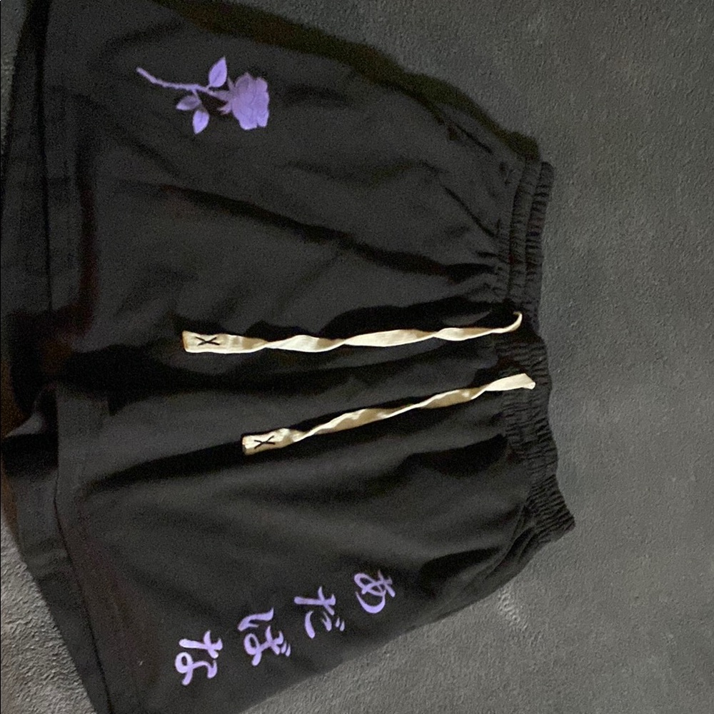 Black Shorts with Purple Floral Embroidery